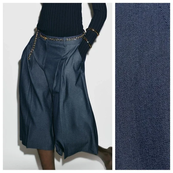 NWT. Zara Blue/Indigo High-Waisted Pleaded Long Shorts. Size S.